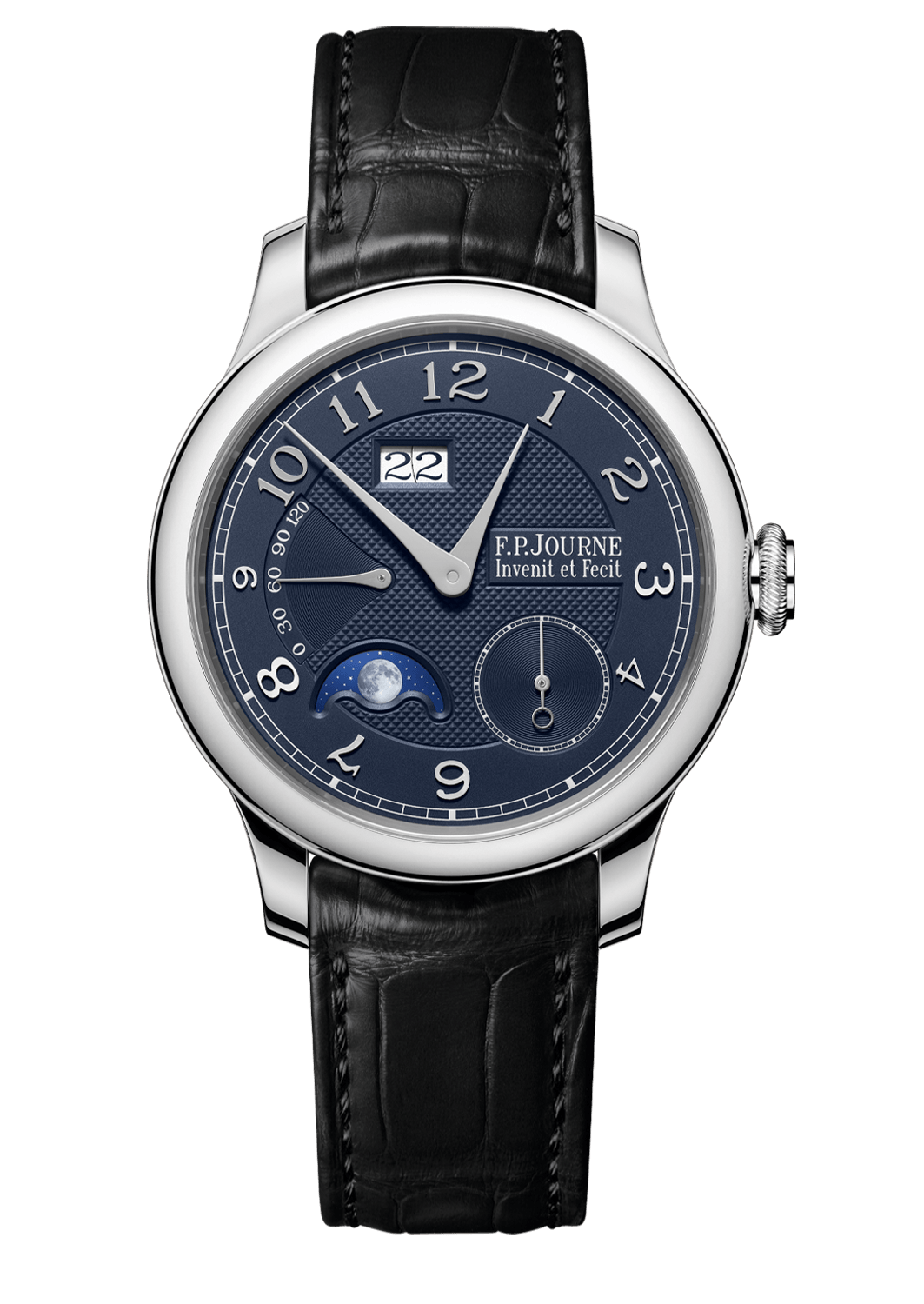 AUTOMATIQUE LUNE — Platinum, 40 or 42 mm, Dial: blue guilloché Silver with 18K white Gold appliqué numerals, Hands: rhodium plated Steel, Height: 10.7 mm